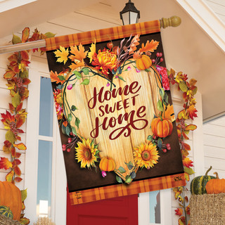 Briarwood Lane Fall Home Sweet Home House Flag with autumn flowers and pumpkins on display.