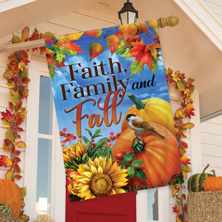 Briarwood Lane Faith Family And Fall House Flag with sunflowers, pumpkins and fall leaves design.