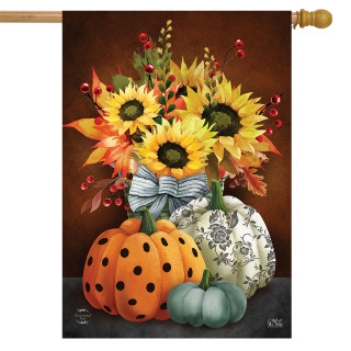 Briarwood Lane house flag with sunflowers, pumpkins, and decorative bow on a brown background.