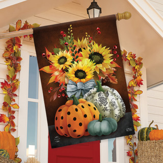 Briarwood Lane house flag with sunflowers, orange polka dot pumpkin, and green pumpkin design.