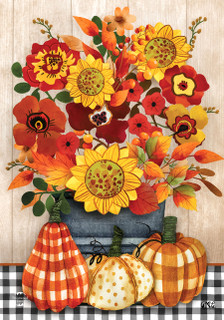 Briarwood Lane Autumn Bouquet House Flag with vibrant orange, yellow flowers and decorative pumpkins design.