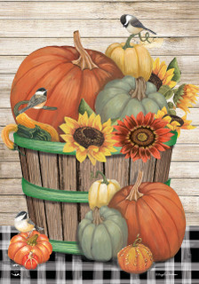Bountiful Bushel House Flag by Briarwood Lane featuring pumpkins, sunflowers, and birds on a rustic background.