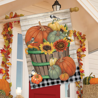 Briarwood Lane Bountiful Bushel House Flag with vibrant pumpkins, sunflowers, and green accents.