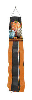 Briarwood Lane Elegant Pumpkins Windsock Wind Twister with orange, black, and pumpkin design hanging vertically.