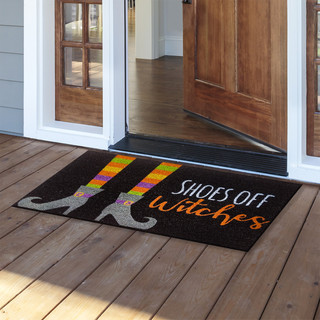Briarwood Lane Shoes Off Witches Coir Doormat with colorful witch legs and text on brown background.