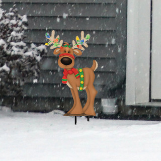 Briarwood Lane Reindeer in Lights Metal Yard Art, brown reindeer with colorful antlers and red bow.
