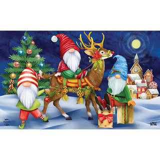 Briarwood Lane Happy Holiday Gnomes Doormat with colorful gnomes and reindeer design.