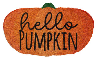 Briarwood Lane Hello Pumpkin Coir Doormat, orange pumpkin shaped with green stem and black lettering.