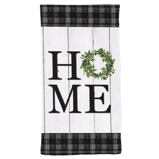 Briarwood Lane Home Hand Towel with black plaid trim and green wreath on white wood design.