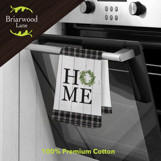 Briarwood Lane Home Hand Towel, white with black plaid trim and green wreath design.