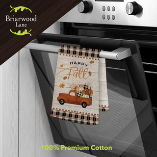 Briarwood Lane Happy Fall pickup truck cotton hand towel with plaid border and orange truck design.
