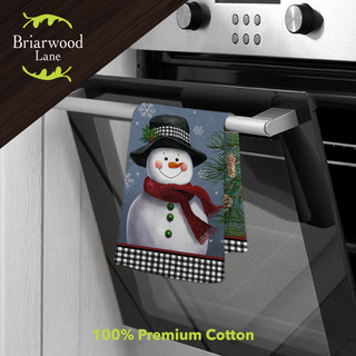 Briarwood Lane Smiling Snowman cotton hand towel, black hat, red scarf, green buttons, white snowman.
