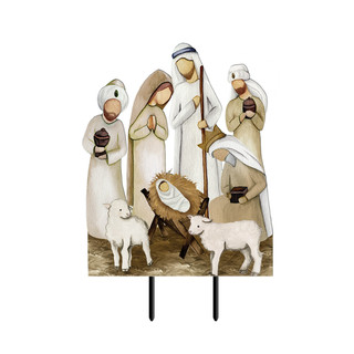 Briarwood Lane Rejoice Nativity Metal Art with figurines and lambs on a decorative stand.
