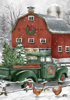 Briarwood Lane Christmas on the Farm Garden Flag with green truck and red barn decoration.