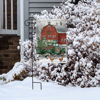 Briarwood Lane Christmas on the Farm garden flag with red barn, green truck, and snow scene.