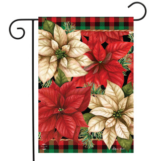 Briarwood Lane Christmas Poinsettia Garden Flag with red, white, and green plaid border and flowers.