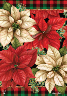 Briarwood Lane Christmas Poinsettia Garden Flag with red, white, and green poinsettias on plaid background.