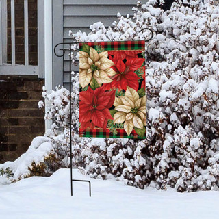 Briarwood Lane Christmas Poinsettia Garden Flag with red and cream flowers on green plaid background.