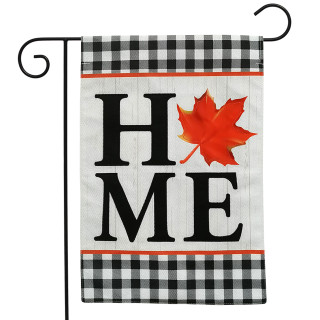 Briarwood Lane Fall Home Burlap Garden Flag with black, white, and orange plaid and maple leaf.