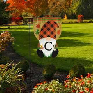 Briarwood Lane Fall Gnome Burlap Monogram Letter C Garden Flag with orange plaid hat.