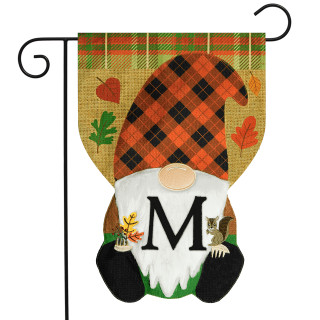 Briarwood Lane Fall Gnome Burlap Monogram Letter M garden flag with orange plaid hat.