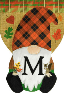 Briarwood Lane Fall Gnome Burlap Monogram Letter M Garden Flag with orange plaid hat and leaves.