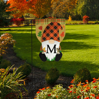 Briarwood Lane Fall Gnome Burlap Monogram Letter M Garden Flag with orange plaid hat.