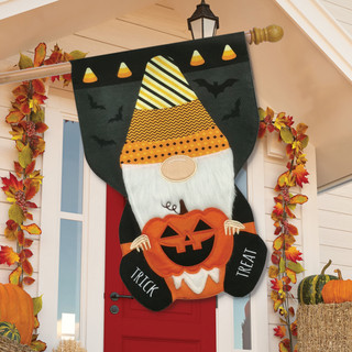 Halloween Gnome Burlap House Flag by Briarwood Lane with orange pumpkin and white beard hanging.