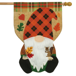 Briarwood Lane Fall Gnome house flag with autumn leaves and squirrel on burlap background hanging.