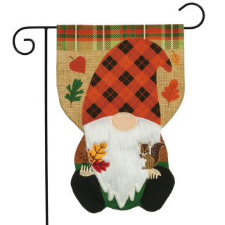 Briarwood Lane Fall Gnome garden flag with autumn leaves, plaid hat, and squirrel design.