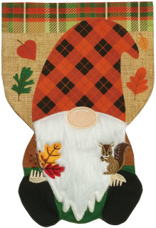 Briarwood Lane Fall Gnome garden flag with autumn burlap, plaid hat, white beard, and squirrel.