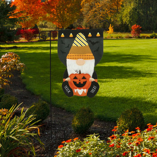 Briarwood Lane Halloween Gnome Burlap Garden Flag with orange pumpkin and white beard outdoors.