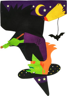 Briarwood Lane Upside Down Witch Burlap Garden Flag with purple, green, and orange witch design.