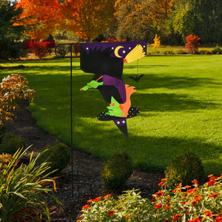 Briarwood Lane Upside Down Witch Burlap Garden Flag with colorful design and black polka dots.