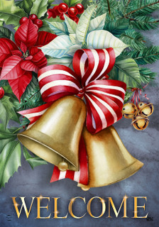 Briarwood Lane Christmas Bells Garden Flag with gold bells, red bow, and festive greenery decor.