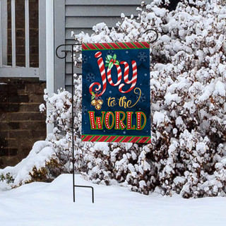 Briarwood Lane Joyous World Double Sided Garden Flag with festive holiday design on stand outdoors.