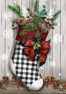 Briarwood Lane Christmas Stocking Garden Flag with black, white, and red plaid and holiday decor.