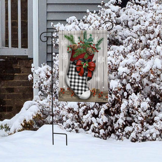 Briarwood Lane Christmas Stocking Garden Flag with black and white checkered pattern and red bow.