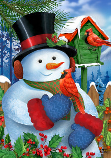 Briarwood Lane Snowman and Cardinals Garden Flag with snowman, cardinals, and winter scenery design.