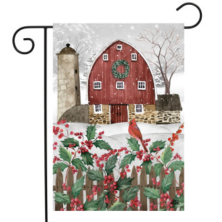 Briarwood Lane Barn in Snow Garden Flag with red barn, holly, and cardinal on picket fence.