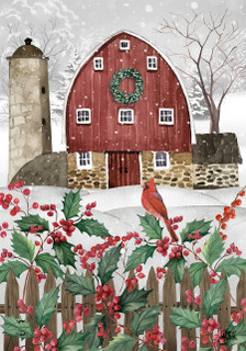 Briarwood Lane Barn in Snow Garden Flag with red barn, holly, and cardinal on picket fence.