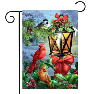 Briarwood Lane Lantern Glow Gathering Garden Flag with cardinals, lantern, and festive holiday decorations.