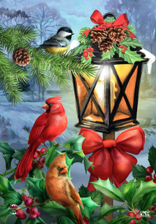 Briarwood Lane Lantern Glow Gathering Garden Flag with cardinals, holly, and festive lantern decoration.