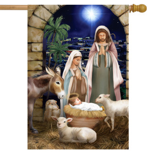 Briarwood Lane Away in a Manger house flag with nativity scene and animals outside stone arch.