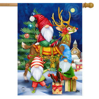 Briarwood Lane Happy Holiday Gnomes House Flag with gnomes, reindeer, and Christmas tree design.