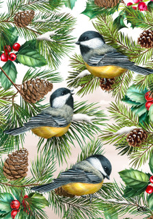Briarwood Lane Winter Chickadees House Flag featuring chickadees on pine branches with holly and pinecones.