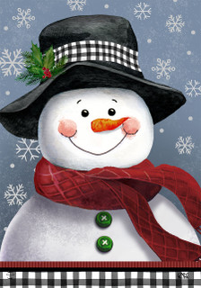 Smiling snowman in black hat and red scarf, Briarwood Lane Smiling Snowman House Flag design.