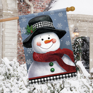 Smiling snowman house flag by Briarwood Lane, black hat, red scarf, green buttons, snowflakes background.