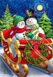 Briarwood Lane Dashing Through the Snow House Flag featuring snowman couple on decorated sleigh.