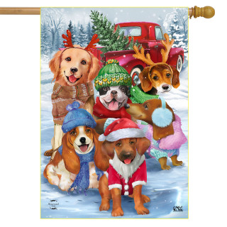 Briarwood Lane Festive Pups House Flag with dogs in winter clothing and a red truck.